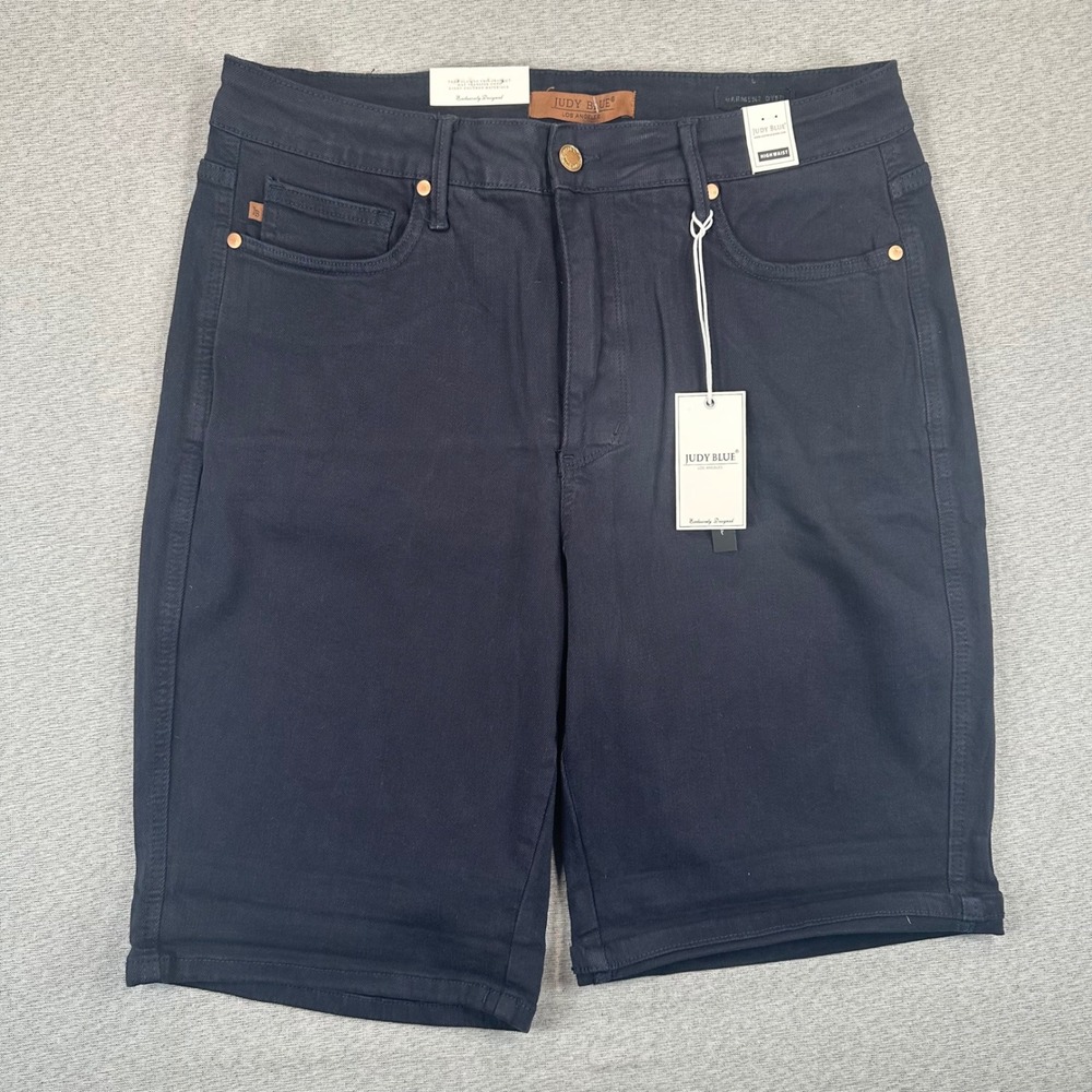 Judy Blue Denim Bermuda Shorts Womans 1XL Navy High‎ Waist Garment Dyed NEW